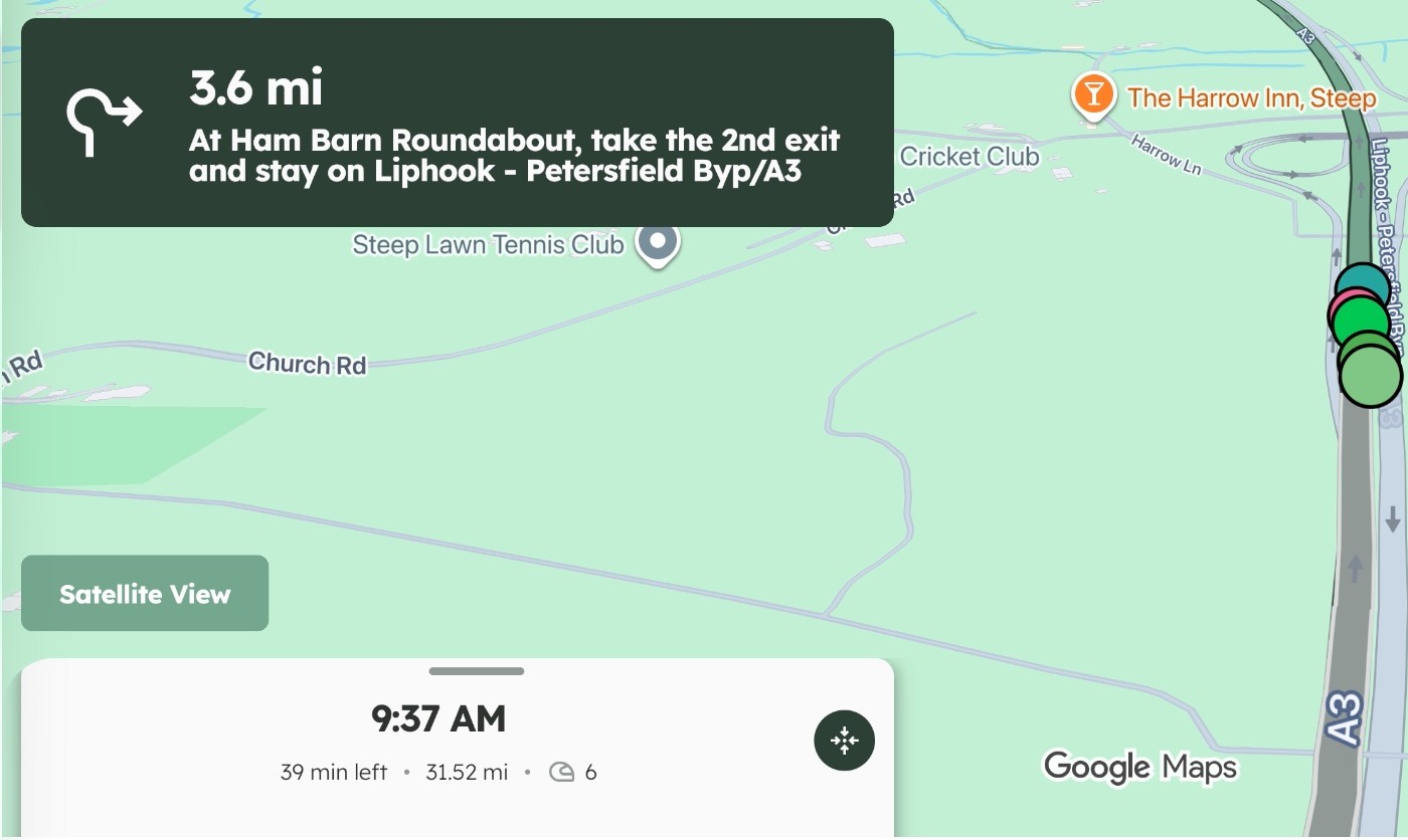 Ride Tether app showing the live map with six riders grouped on the A3 near Petersfield, next turn-by-turn instruction and the group ETA